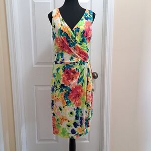 Chaps Floral Dress Faux Wrap Colourful Print Women's Large Sleeveless Dress